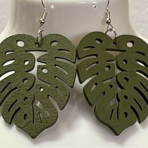 Olive Green Monstera Leaf Earrings